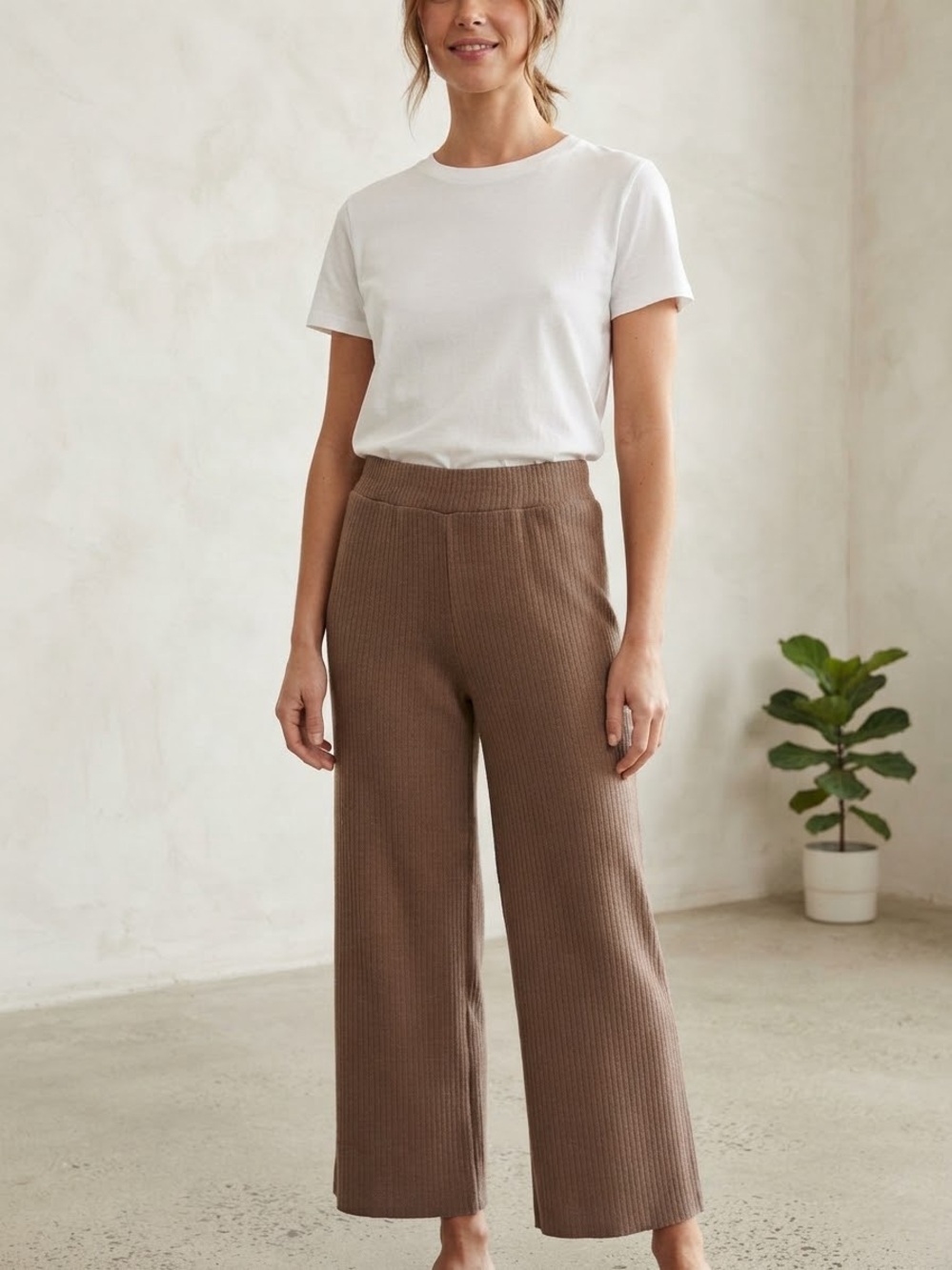 OAK + FORT Brown Ribbed Wide Leg Knit Pants Size Small comfy fashion fall